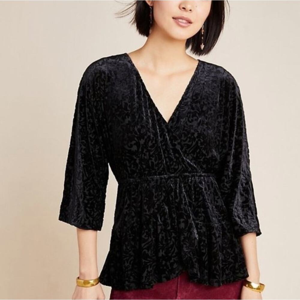 ANTHROPOLOGIE Aleska Damask Velvet Burnout Peplum Blouse Black Sz S {D6} - Picture 1 of 6